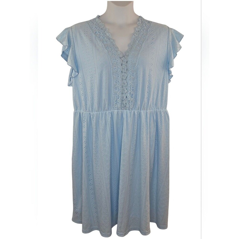 Artemis 3X Light Blue Eyelet Lace V-Neck Dress 4048-